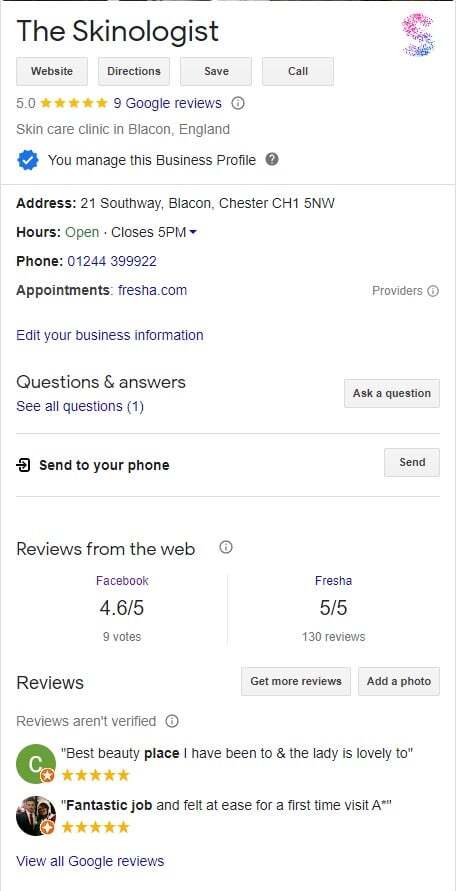 Google search screenshot of The Skinologist reviews